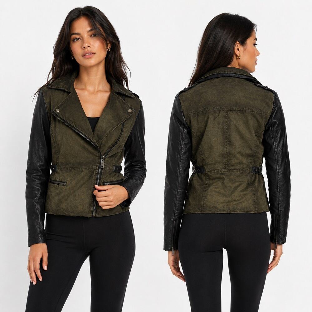 EUC MSSP Max Studio Faux Leather Accent Moto Jacket Double Layered Accents Large